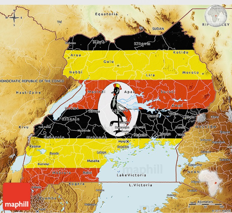 Flag 3d map of Uganda, physical outside.